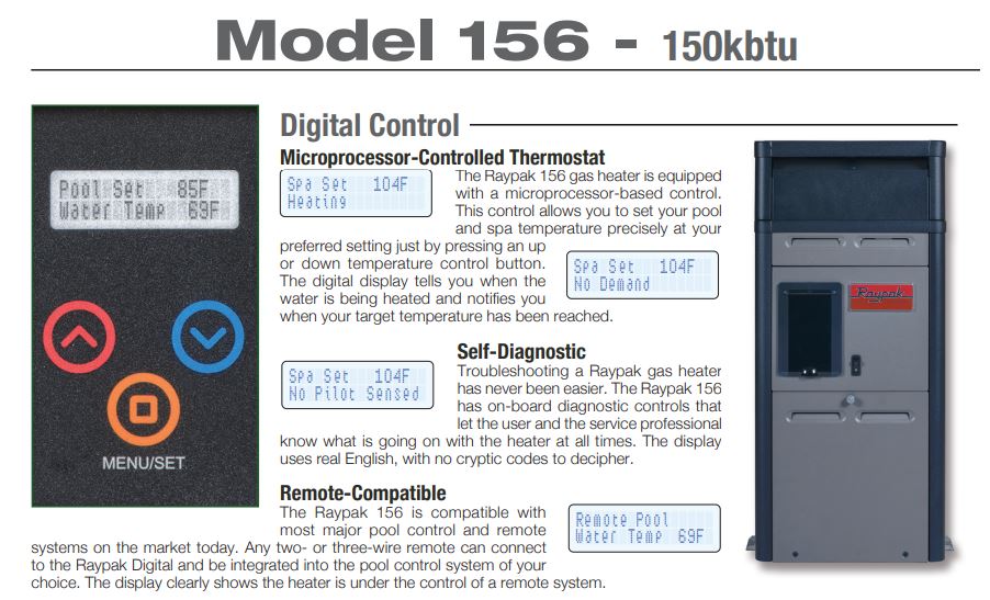 Raypak P-R156A-EN-C Digital Natural Gas Heater, 120V, Polymer Headers, Electronic Ignition, Copper Exchanger, 100 lbs | 014784 | 150,000 BTU