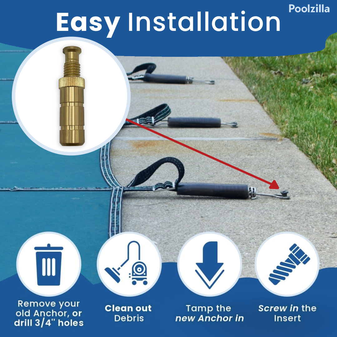 Poolzilla 2'' Pool Safety Cover Brass Extended Anchors for Concrete and Pavers