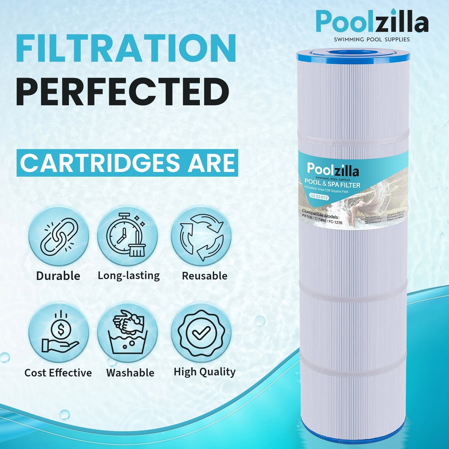 Poolzilla Filter Cartridges, Compatible with PLF106A, Hayward CX880XRE, Ultra-A1, Pleatco PA106-PAK4, Unicel C-7488, Filbur FC-1226, FC-6430, SwimClear C4020, C4025, C4030