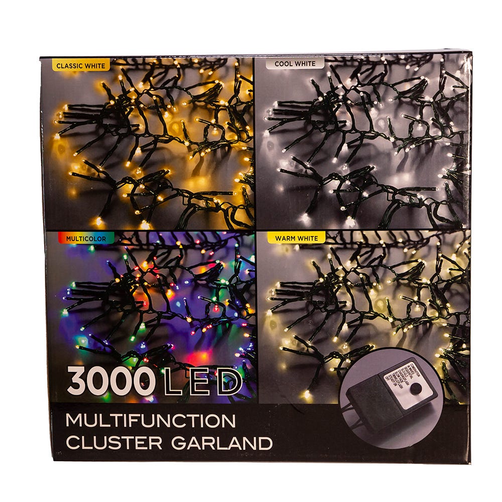 Kurt S. Adler 98' 3,000L Multicolor 3MM LED Multifunction Cluster Garland With Green Wire