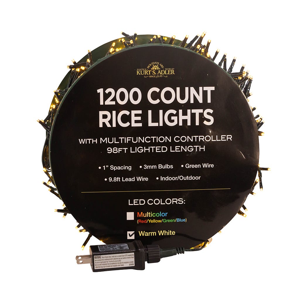 Kurt S. Adler 98' 1,200L Warm White 3MM LED Multifunction Rice Lights With Green Wire On Spool
