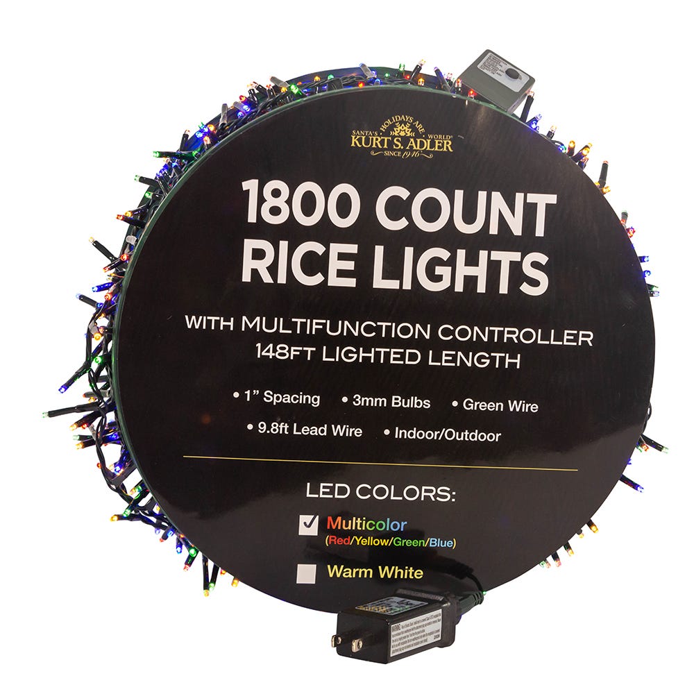 Kurt S. Adler 148' 1,800L Multicolor 3MM LED Multifunction Rice Lights With Green Wire On Spool