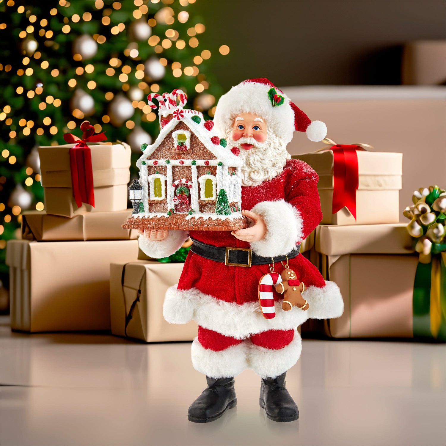 Kurt S. Adler 12“ Fabriché™ Battery-Operated Santa With Light-Up Gingerbread House
