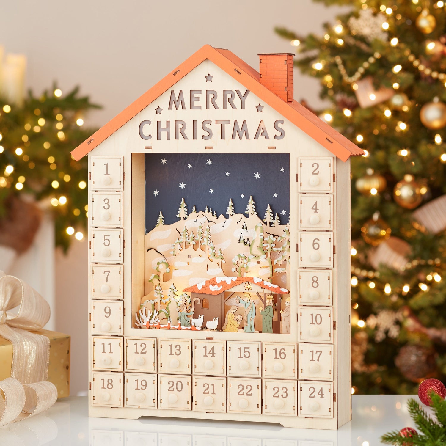 Kurt S. Adler Battery-Operated LED Advent Calendar House With Nativity