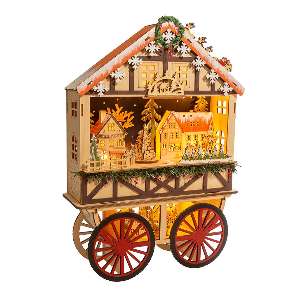 Kurt S. Adler Battery-Operated Light-Up LED Musical Wooden Wagon Christmas Village Scene
