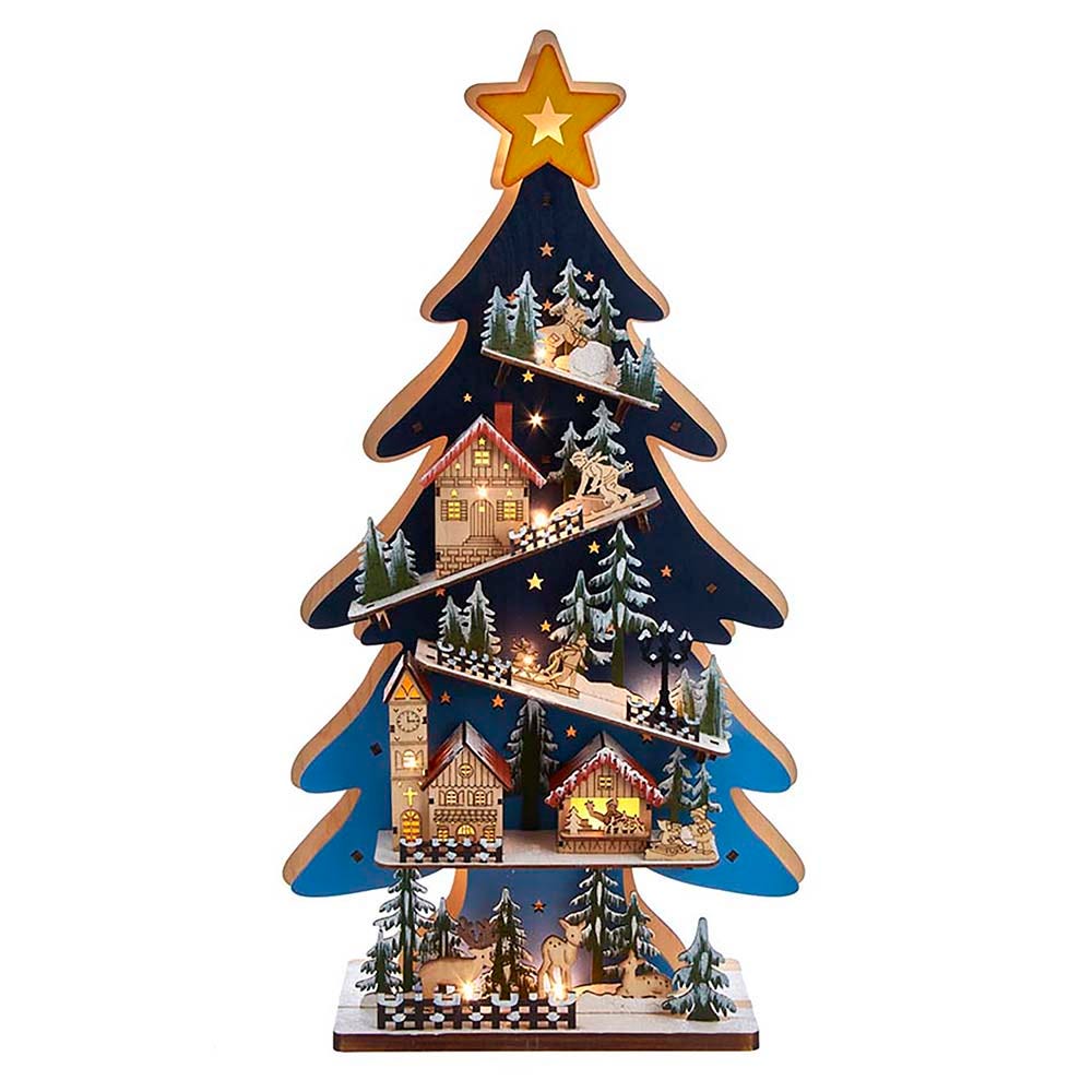 Kurt S. Adler Battery-Operated Light-Up LED Wooden Christmas Tree With Village Scene