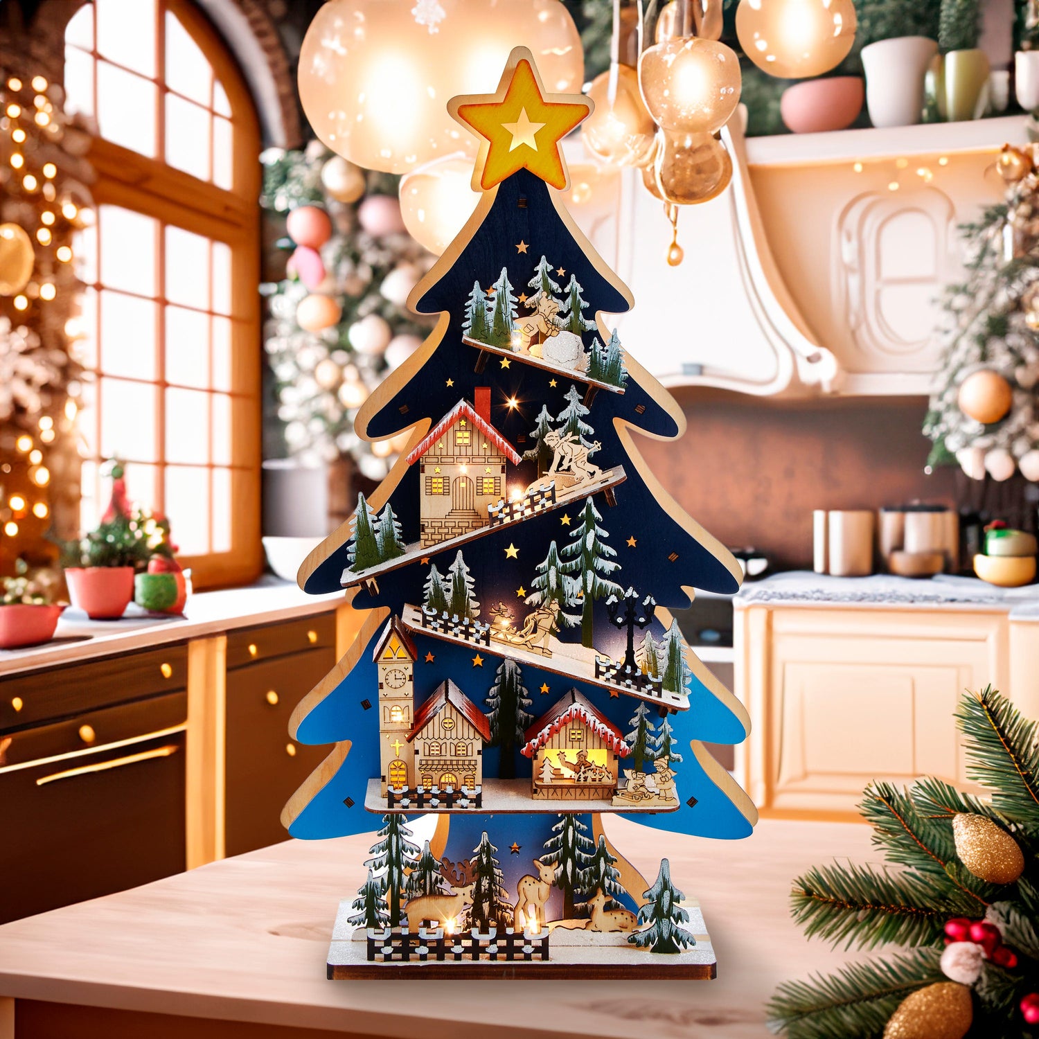 Kurt S. Adler Battery-Operated Light-Up LED Wooden Christmas Tree With Village Scene