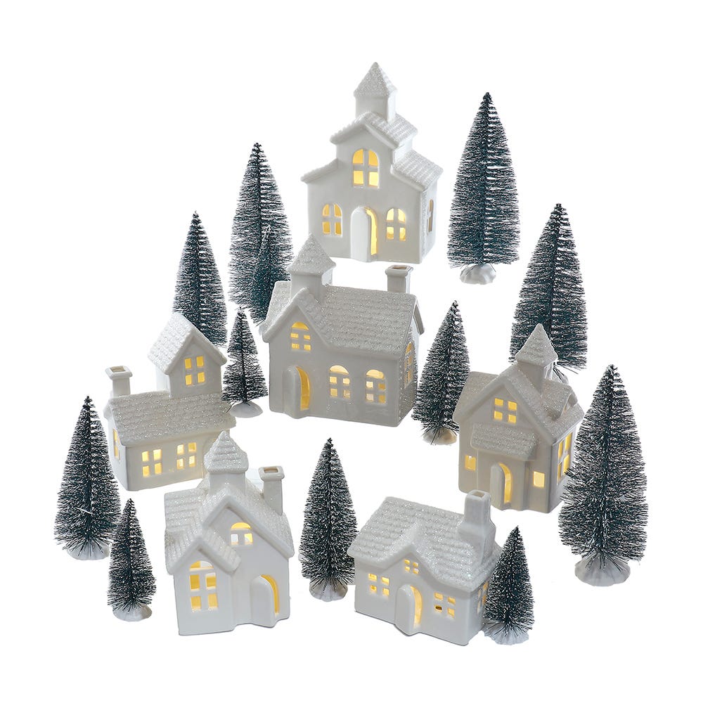 Kurt S. Adler Battery Operated Porcelain Lighted Houses, Trees & Candles, 24-Piece Set
