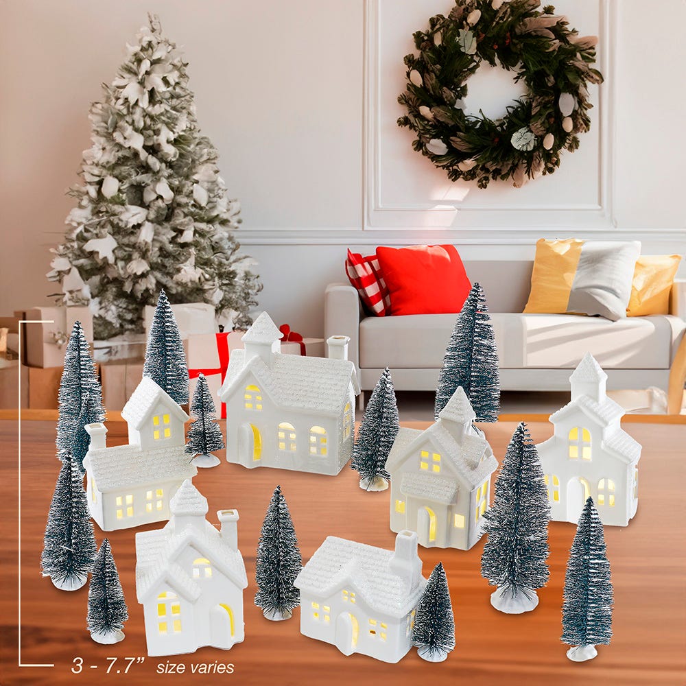 Kurt S. Adler Battery Operated Porcelain Lighted Houses, Trees & Candles, 24-Piece Set