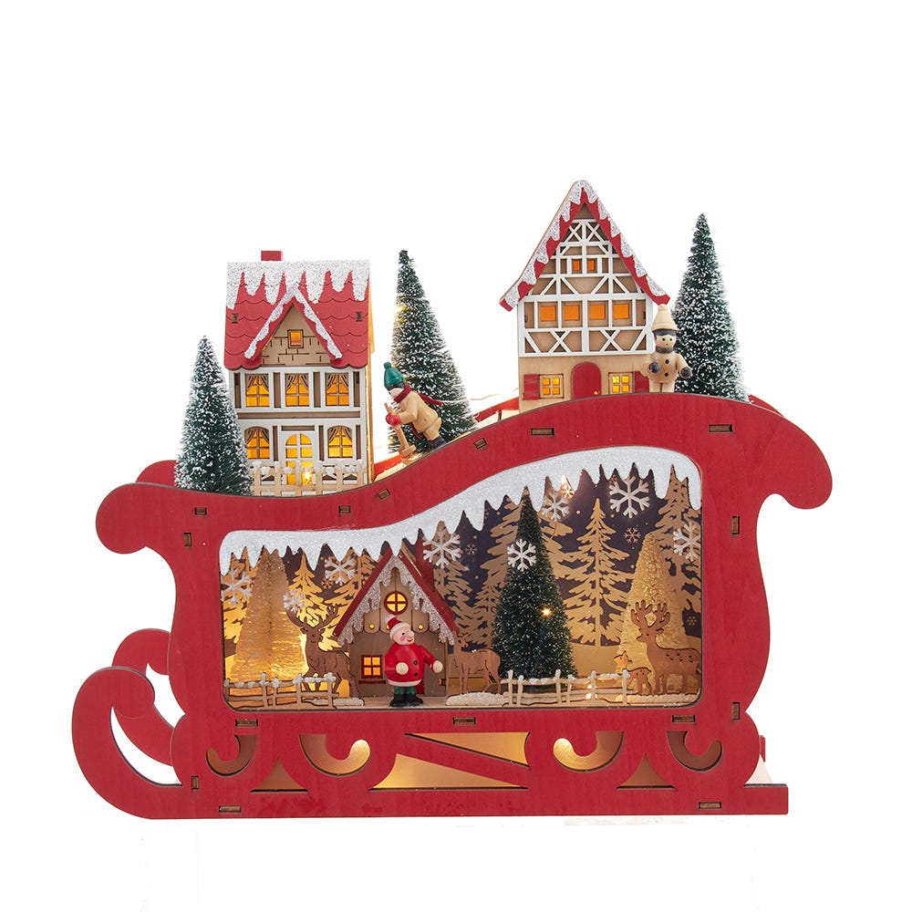 Kurt S. Adler 13.77β Battery Operated LED Lighted Sleigh With Village Scene Table Piece