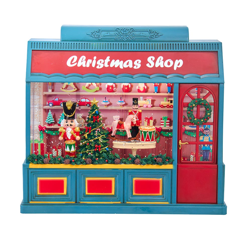 Kurt S. Adler 8.375“ Battery Operated USB LED Lighted Christmas Shop With Spinning Glitter Water