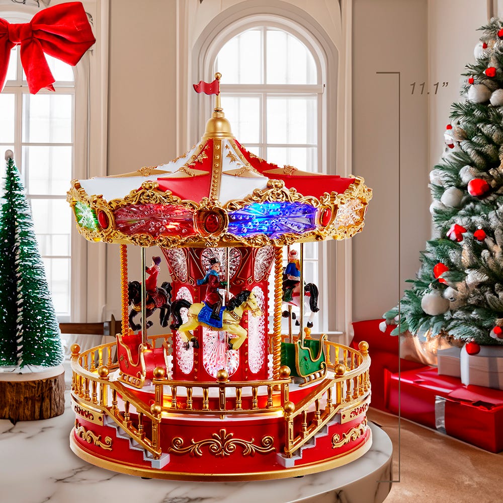 Kurt S. Adler 11.1“ Battery Operated Multicolor LED Lighted Musical Santa Carousel With Motion Table Piece