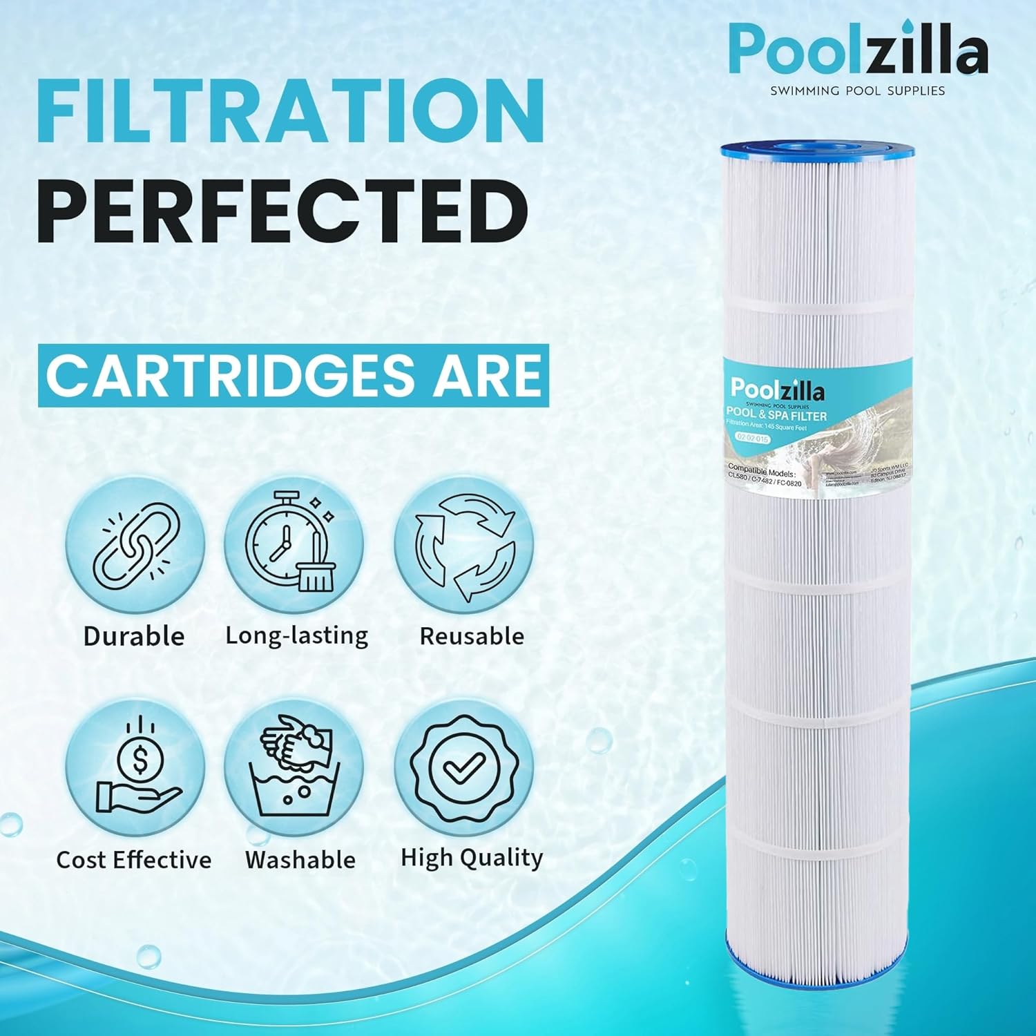 Poolzilla Pool Filter Cartridges, Compatible with Unicel C-7482, Jandy CL580, CV580, PJAN145, Filbur FC-0820, A0104100, R0357900, Filbur FC-6415, SD-01109
