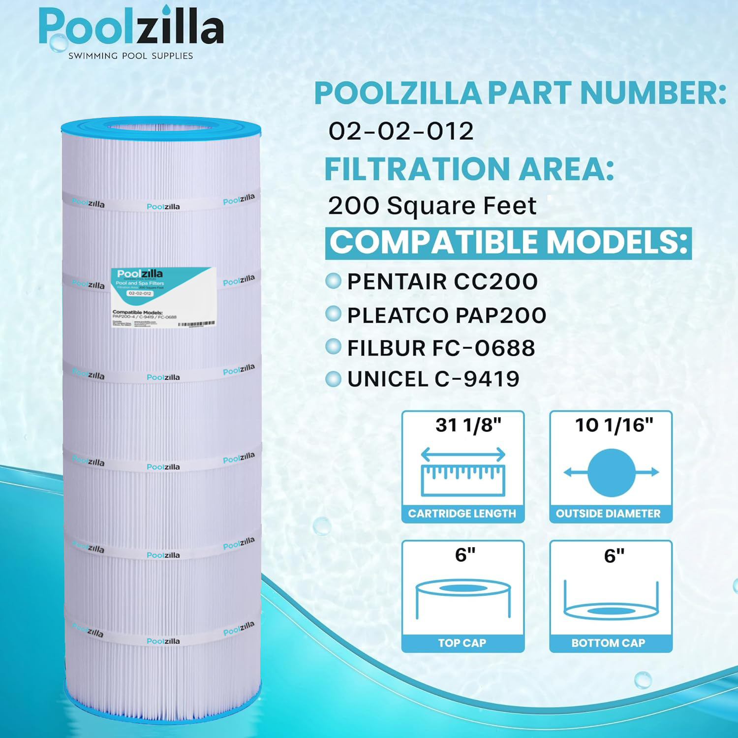 Poolzilla Replacement Pool Filter for PAP200, Pentair CC200, Filbur FC-0688, Unicel C-9419, Aladdin 29902, Baleen AK-8005
