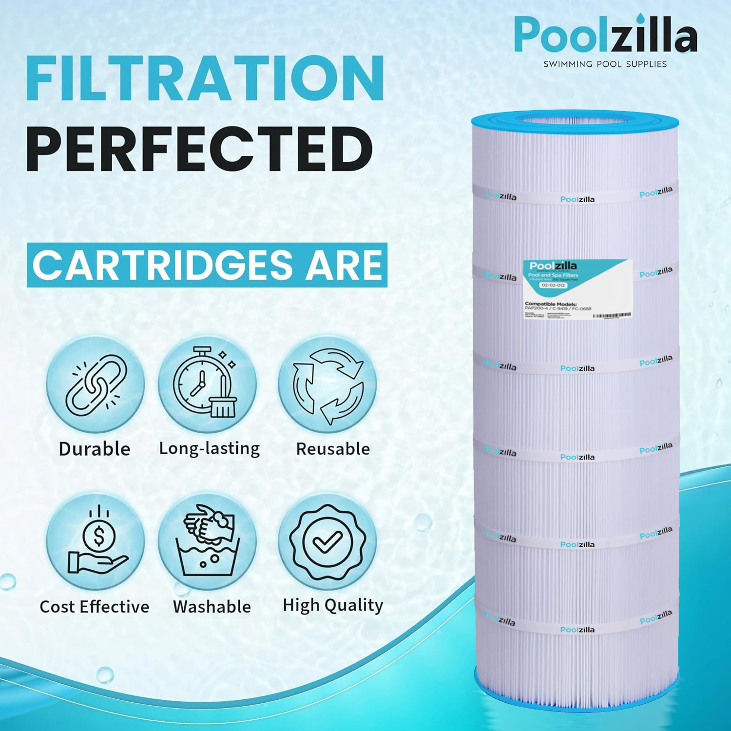 Poolzilla Replacement Pool Filter for PAP200, Pentair CC200, Filbur FC-0688, Unicel C-9419, Aladdin 29902, Baleen AK-8005