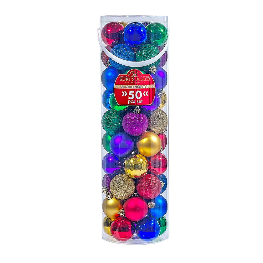 Kurt S. Adler 60MM Shatterproof Multicolored Ball Ornaments, 50-Piece Tube