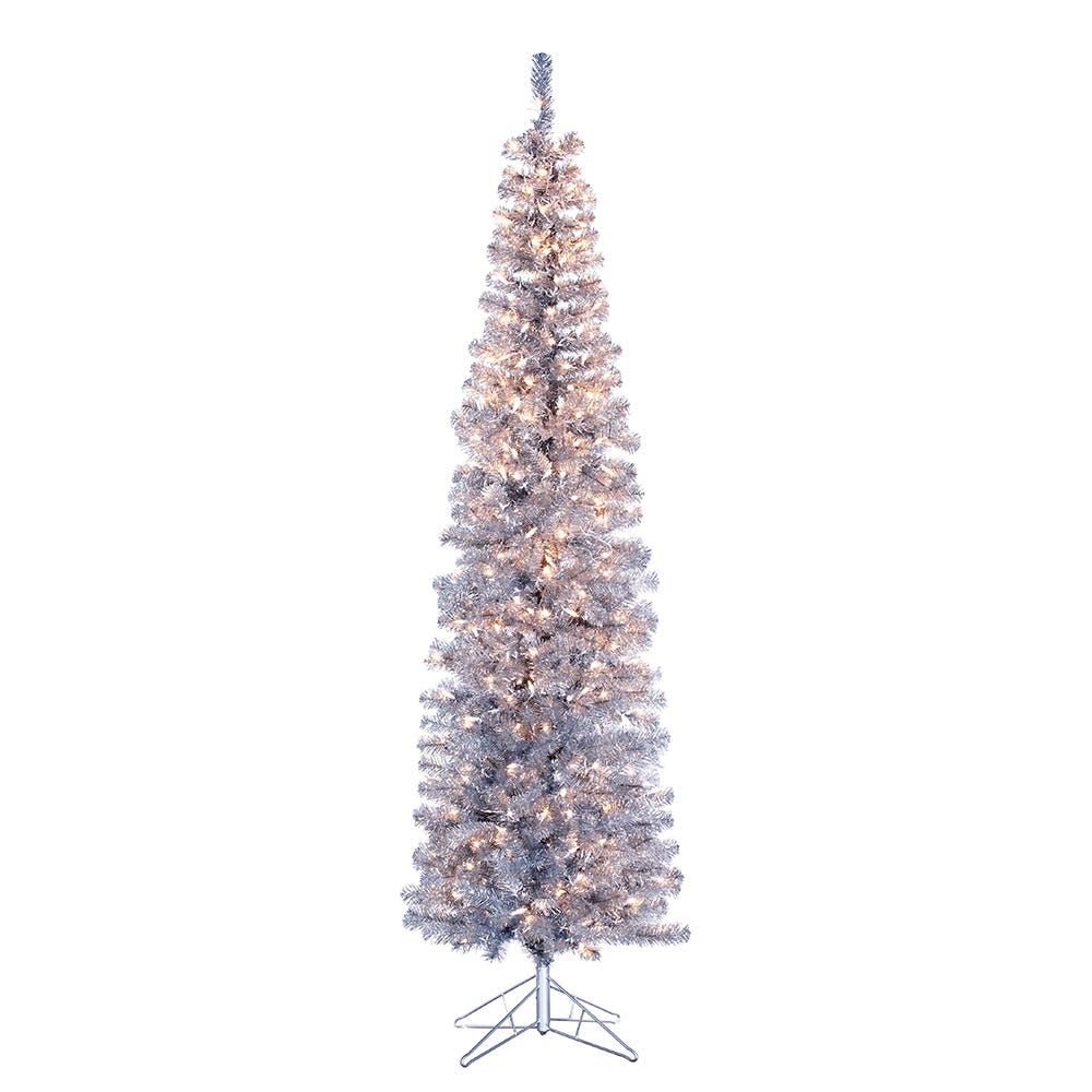 Kurt S. Adler 7' Pre-Lit Clear Incandescent Silver Tinsel Slim Winchester Pine Tree