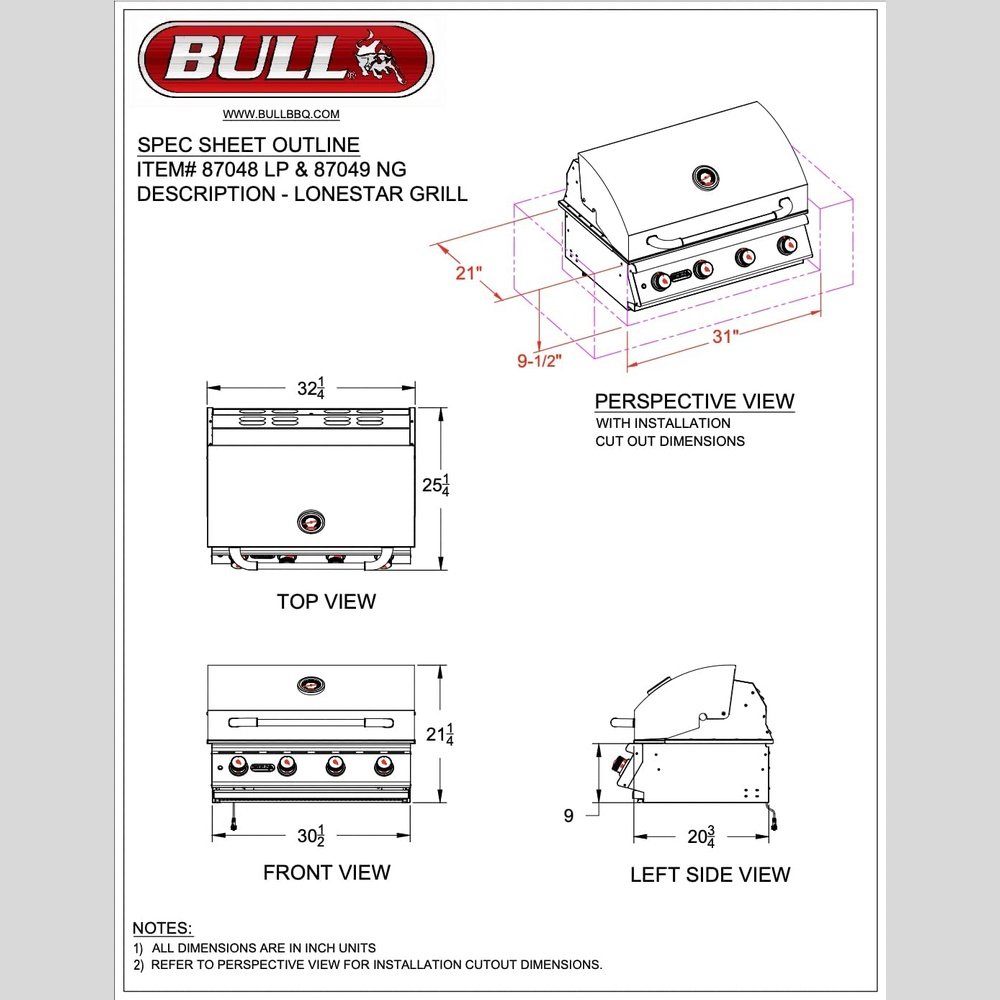 Bull Outdoor Products 87048 Lonestar Select Liquid Propane Drop-In Grill Head