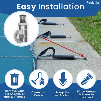 Poolzilla Stainless Steel 304 Pool Cover Anchor with Collar for Concrete and Pavers