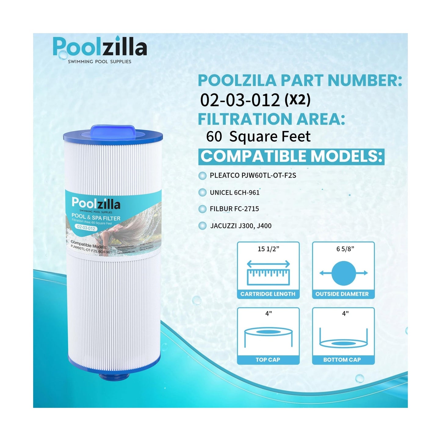 Spa Filter Cartridge for Jacuzzi J300 - Replaces Pleatco PJW60TL-OTF2S, Unicel 6CH-961