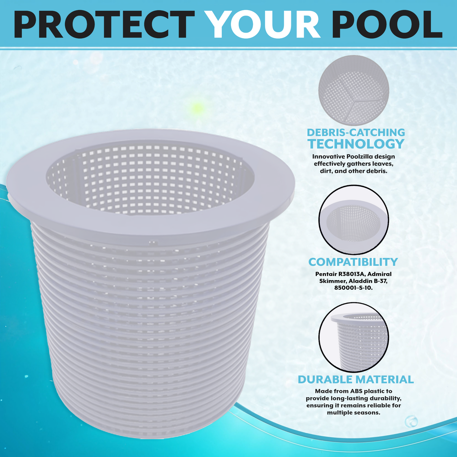 Poolzilla Premium Skimmer Basket, Compatible with Pentair 38013A, Admiral Skimmer, Aladdin B-37, 850001–S-10