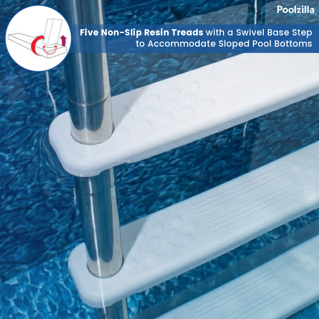 Poolzilla in-Pool Ladder - Deck Mounted Stainless Steel/Resin Entry and Exit System with Swivel Base Step, Supports up to 250 LBS - for 48’’ to 54’’ in. Swimming Pools