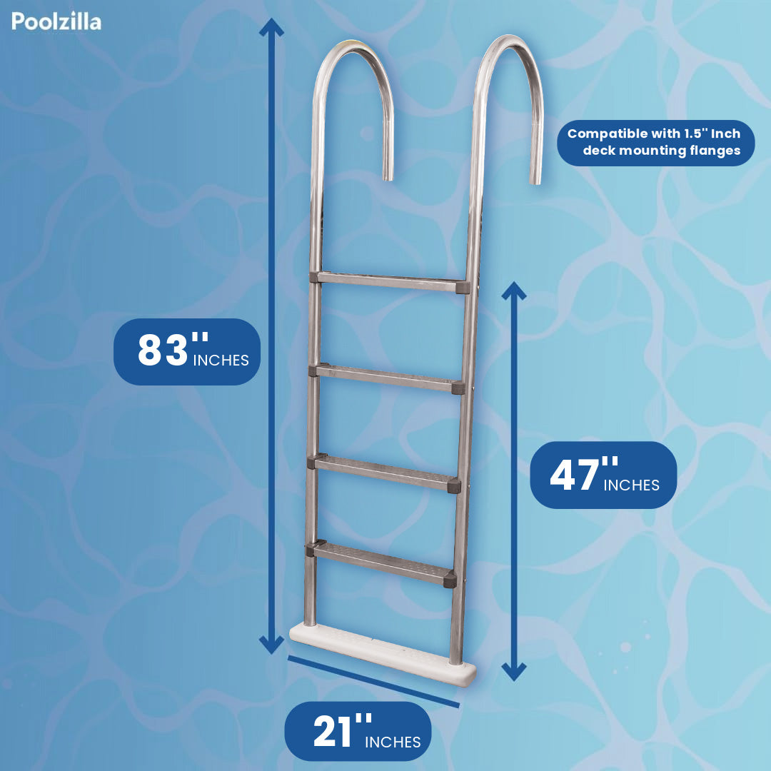 Poolzilla in-Pool Ladder - Deck Mounted All Stainless Steel Entry and Exit System with a Resin Swivel Base Step, Supports up to 250 LBS - for 48’’ to 54'’ in. Swimming Pools