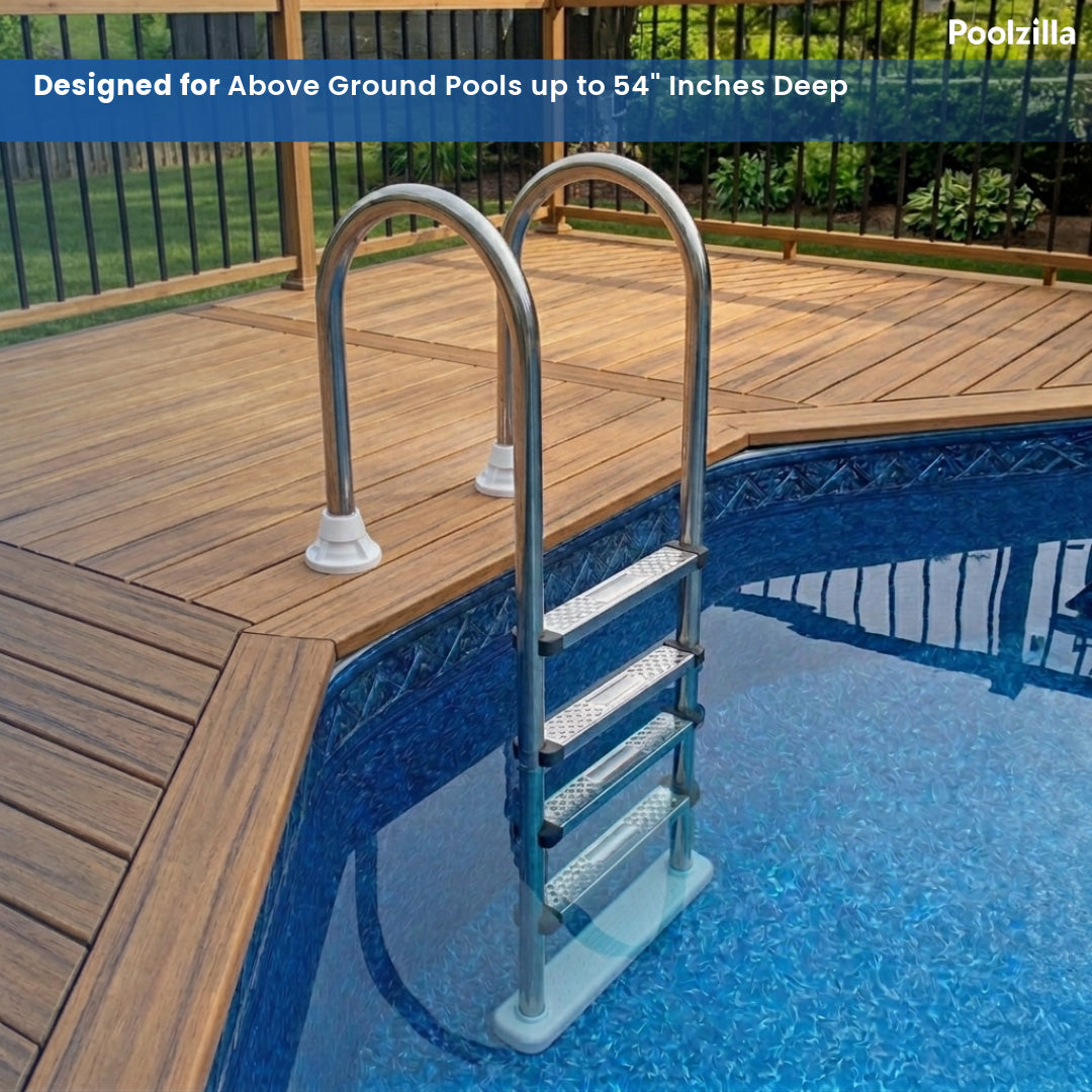 Poolzilla in-Pool Ladder - Deck Mounted All Stainless Steel Entry and Exit System with a Resin Swivel Base Step, Supports up to 250 LBS - for 48’’ to 54'’ in. Swimming Pools