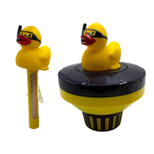 Poolzilla Duck Dispenser with Thermometer - Tablet Floater with Adjustable Collar Design and Easy Read String Thermometer