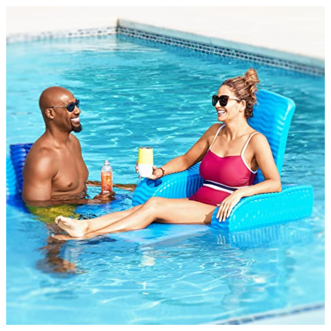 Poolzilla, TRC Deluxe Baja II Foldable Pool Lounger Reclining Chair, Wavy Foam Shell Padding, Bahama Blue