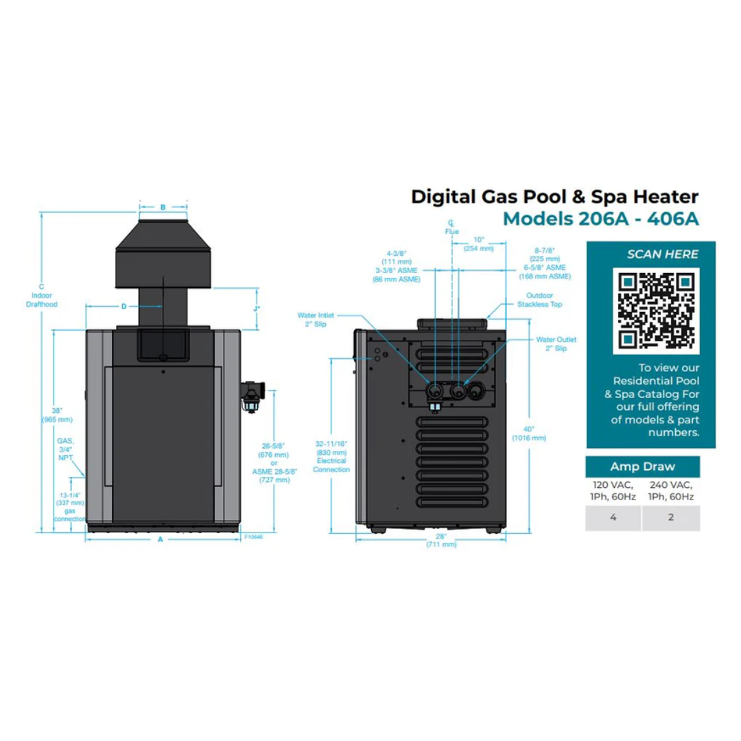 Raypak B-R206A-EN-X #50 Digital ASME Natural Gas Heater | 199.5K BTU | Cupro-Nickel Exchanger, 206 lbs, 2” Bronze Headers, ProTek Shield Module | 017399