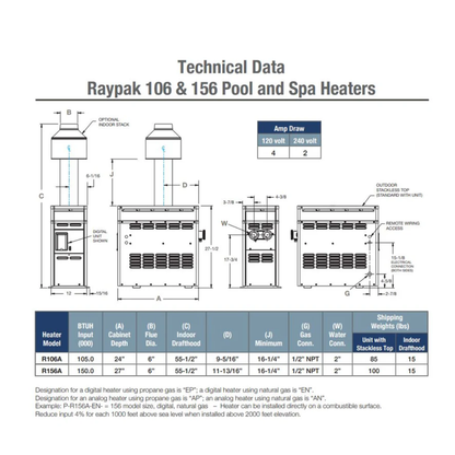 Raypak P-R156A-EN-C Digital Natural Gas Heater, 120V, Polymer Headers, Electronic Ignition, Copper Exchanger, 100 lbs | 014784 | 150,000 BTU