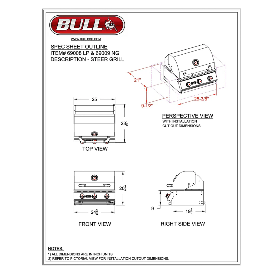 Bull Outdoor Products 69008 LP Steer Premium Drop in Grill, Liquid Propane