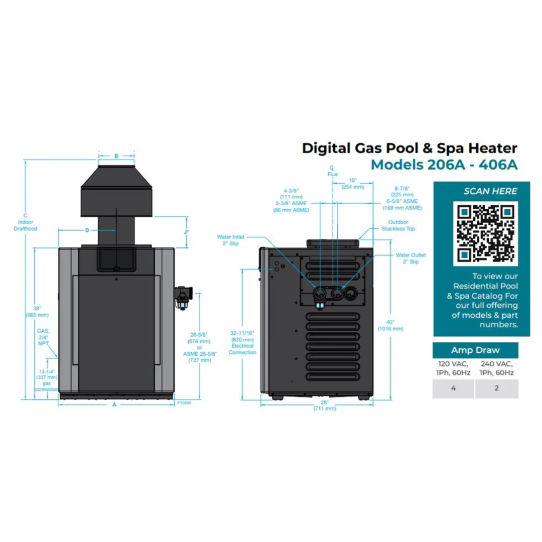 Raypak P-R206A-EN-C #50 Digital Natural Gas Heater | 199.5K BTU | Electronic Ignition, Polymer Headers, Copper Exchanger, 200 lbs | 009216