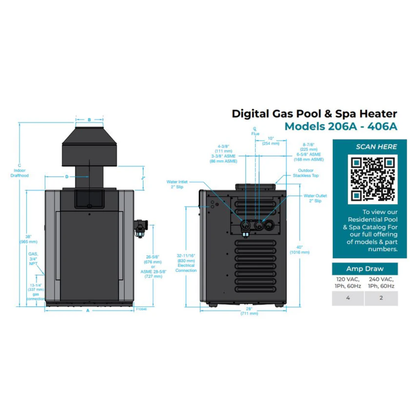 Raypak P-R206A-EN-C #50 Digital Natural Gas Heater | 199.5K BTU | Electronic Ignition, Polymer Headers, Copper Exchanger, 200 lbs | 009216