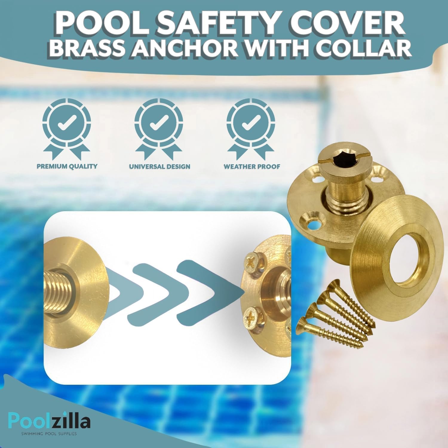 Poolzilla Wood Deck Brass Anchor with Collar for Safety Cover - Universal Fit