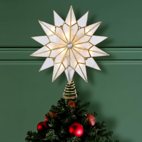 Kurt S. Adler UL3141 9.84" Brass Plated 7-Point Double Tip Capiz Star with Center Gem Tree Topper