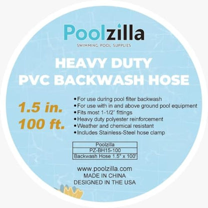 Poolzilla Heavy Duty Swimming Pool Backwash Hose | 1.5"x 100' | Blue | Includes Steel Clamp