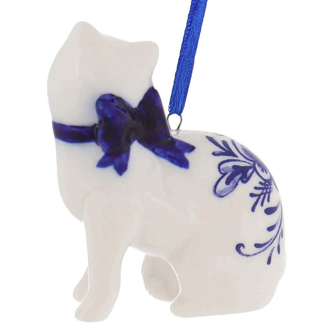 Porcelain Delft Blue Cat Ornament Set Of 2 for Christmas