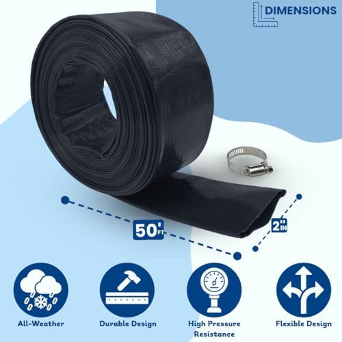 Poolzilla Heavy Duty Swimming Pool Backwash Hose | 2"x50' | Black | Includes Steel Clamp
