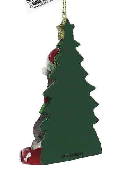 Siberian Husky Dog Wearing Santa Hat with Christmas Tree Ornament E0369HU New