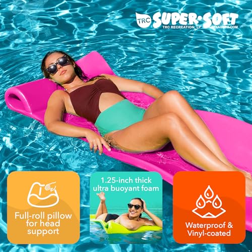 TRC Recreation Splash 1.25 Inch Thick Foam Swimming Pool Float Mat Large Adult Lounger with Built-In Roll Pillow, Flamingo Pink