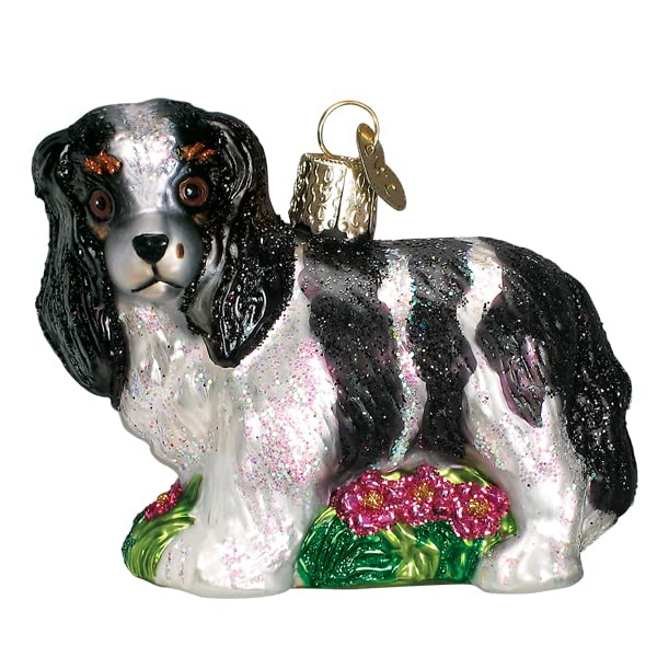 Old World Christmas Black/White King Charles Spaniel Glass Blown Ornament for Christmas Tree