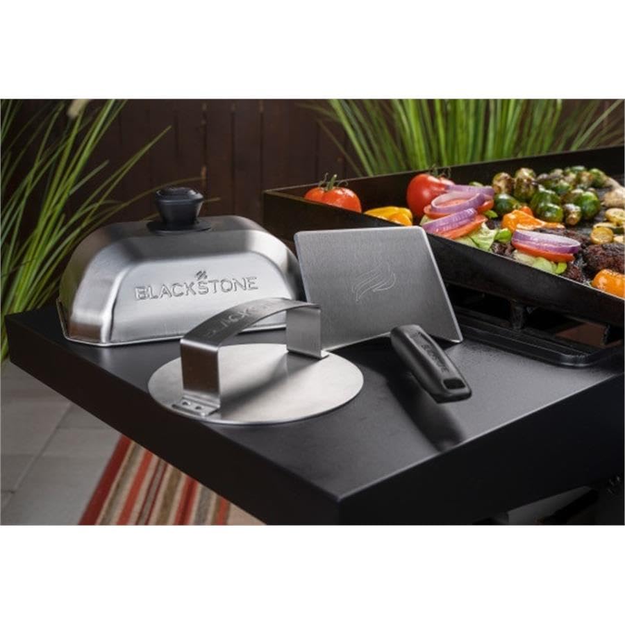 Blackstone 5462 Hamburger Kit (3 Piece) – Metal Flipper Spatula Turner, Basting Cover & Hamburger Press Patty Stainless Steel Burger Maker Set for Bacon, Steak–Griddle Accessories for Grilling, Black