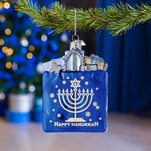 Kurt Adler 4" Noble Gems Happy Hanukkah Glass Gift Bag Ornament (NB1126)