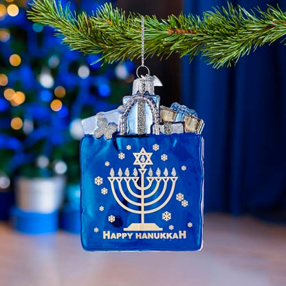 Kurt Adler 4" Noble Gems Happy Hanukkah Glass Gift Bag Ornament (NB1126)