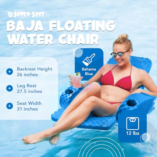 TRC Recreation Folding Baja Chair Foam Swimming Pool Float, Portable Super Soft Floating Lounger with 2 Cup Holders for Beach Essentials, Bahama Blue