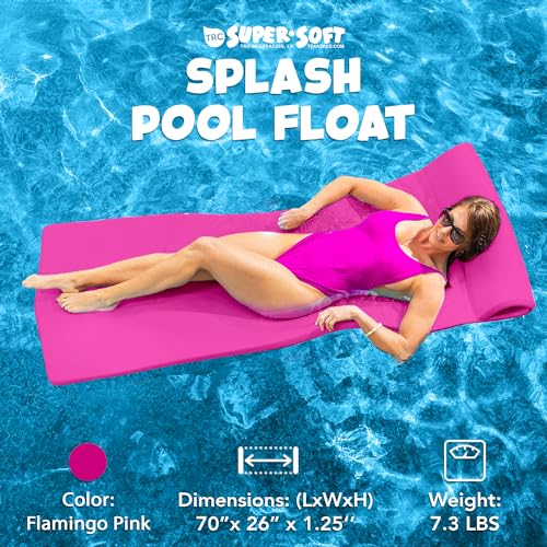 TRC Recreation Splash 1.25 Inch Thick Foam Swimming Pool Float Mat Large Adult Lounger with Built-In Roll Pillow, Flamingo Pink