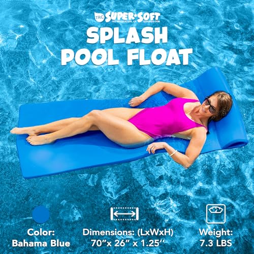 TRC Recreation Splash 1.25 Inch Thick Foam Swimming Pool Float Mat Large Adult Lounger with Built-In Roll Pillow, Bahama Blue