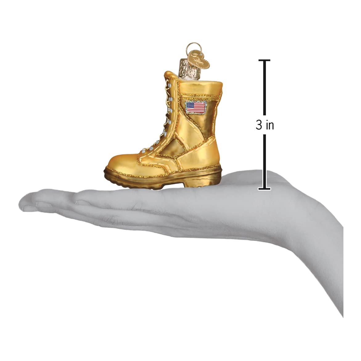 Old World Christmas Military Boot (Gold Combat Boot with American Flag Patch) Glass Blown Ornament for Christmas Tree, Handcrafted Holiday Decoration, Tools Collection